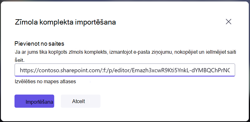 Importējiet zīmola komplektu, ievadot koplietošanas saiti, ko saņēmāt no kādas citas personas.