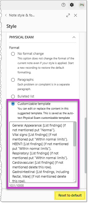 Screenshot of the default customizable template for the Physical exam summary section.
