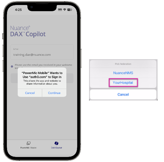 On left, PowerMic Mobile authenticator screen. On right, pick federation screen with YourHospital highlighted