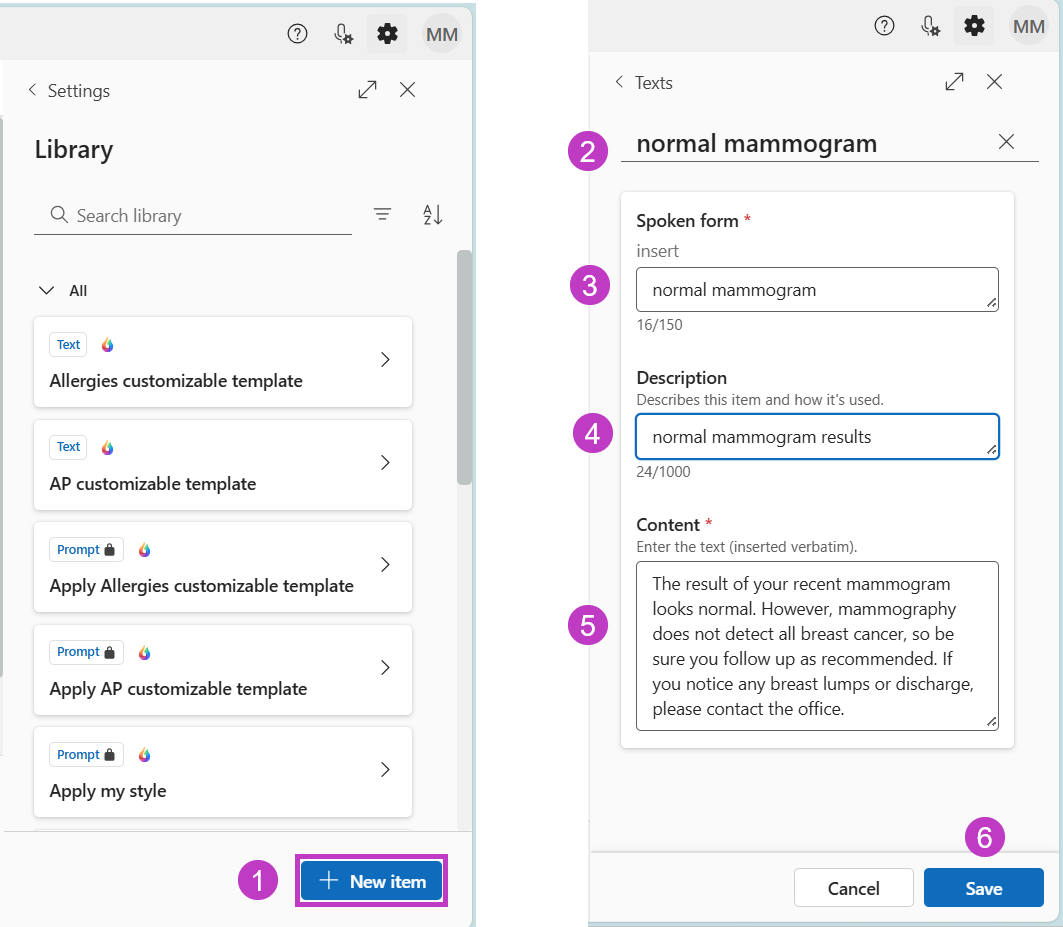 Library new entry with steps 1-6 labeled.