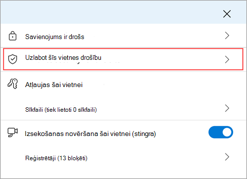 Microsoft Edge vietnes informācijas izvēlne, kurā tiek rādīts līdzeklis Uzlabot šīs vietnes drošību.