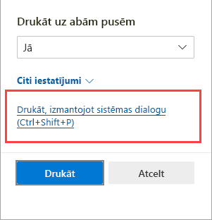 Dialoglodziņš Drukāšana, izmantojot sistēmu