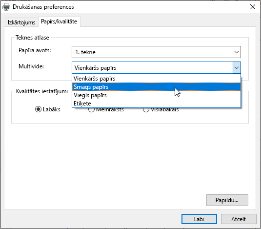 Windows sistēmas drukāšanas dialoga preferences
