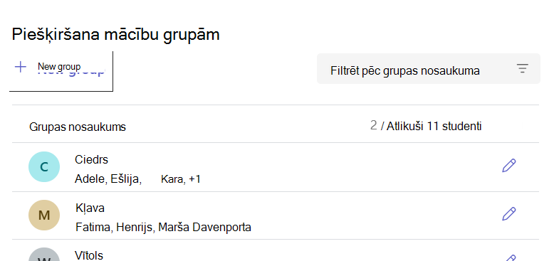 Mācību grupu saraksts, kurā redzamas nosauktās grupas un skolēnu skaits katrā grupā.