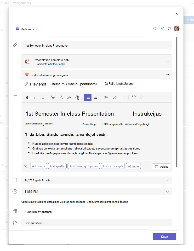 Dialoglodziņš Microsoft uzdevuma izveide ar tekstu