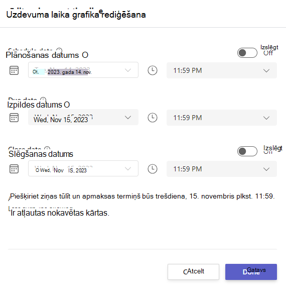 Ekrānuzņēmums ar uzdevuma laika grafika rediģēšanu.