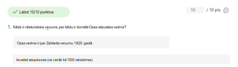 Ekrānuzņēmums ar pareizi atbildētu jautājumu.