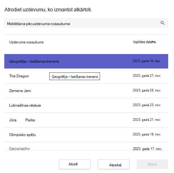 Ekrānuzņēmums, kurā redzama atkārtoti izmantojamā uzdevuma atrašana.