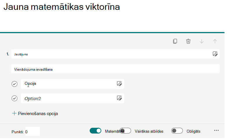 Matemātiskā savienojuma izveides ekrānuzņēmums.