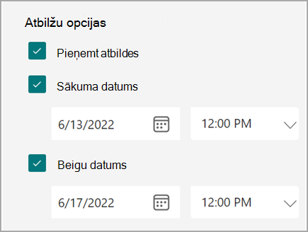 Ekrānuzņēmums ar veidlapas/viktorīnas iestatījumiem, kur lietotāji var iestatīt atbilžu sākuma un beigu datumu.