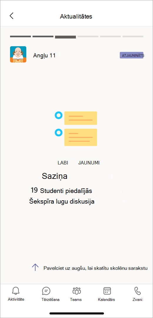 Ekrānuzņēmums, kurā redzams saziņas datu aktualitātes no rīka Ieskati mobilajā skatā, skolotājam ir redzams, ka 19 skolēni piedalījās diskusijā par Šekspīru.