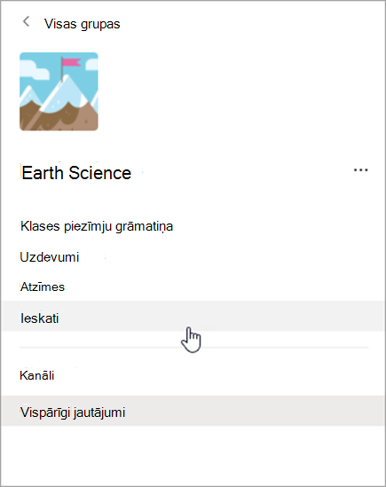 Navigācijas ekrānuzņēmums programmā Teams