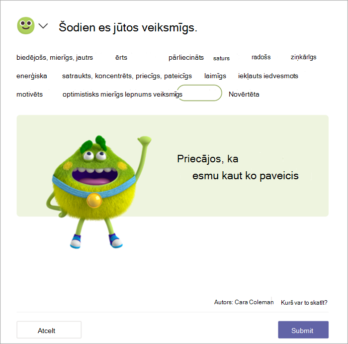 Zaļo jūtu briesmonis, kas valkā zelta medaļu, sūknē dūri gaisā. Students ir izvēlējies vārdu Sekmīgs