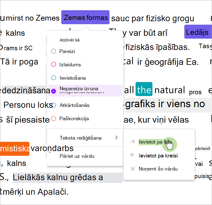 Lasīšanas gaitas pārskata rūts ekrānuzņēmums, kurā parādīts, kā ievietot vārdus pa labi vai pa kreisi no atlasītā vārda