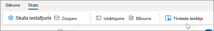 Outlook tīmekļa augšdaļas ekrānuzņēmums, kurā redzama atlasīta skata cilne un ar peli novietots kursors virs tīrskata lasītāja