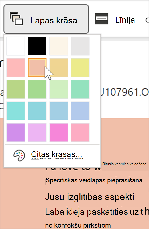 Ekrānuzņēmums ar lapas krāsas nolaižamo izvēlni tīrskata lasītājam. Tiek parādīta krāsu palete, un aiz nolaižamās izvēlnes ir redzams pasteļoranžs fons