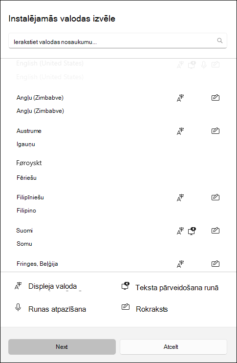 Ekrānuzņēmums ar valodu pakotnēm, kuras pieejamas lejupielādei Windows 10 iestatījumos.
