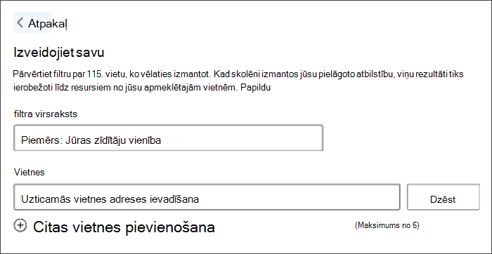 Ekrānuzņēmums ar pielāgota filtra izveidi. Filtra piemēra virsraksts norāda jūras zīdītāju vienību un zemāk ir brīva vieta, lai ievadītu savas vēlamās vietnes.