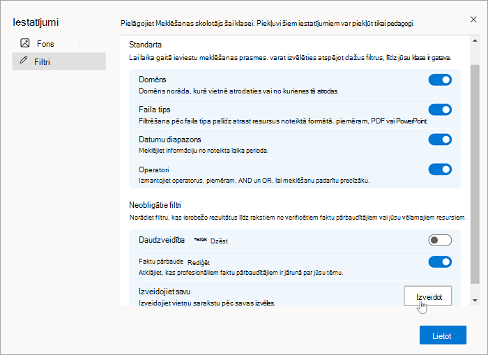 Ekrānuzņēmums ar filtru sadaļu sadaļā Iestatījumi ar peli, kas atlasa Create on create your own