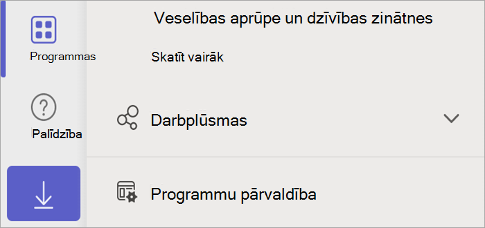 Teams ekrānuzņēmums, kurā redzama programmu poga, kas atklāj programmu pārvaldības pogu.