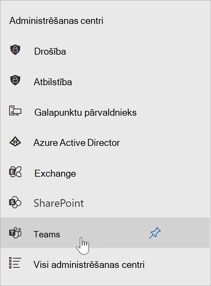 Microsoft 365 administrēšanas centra ekrānuzņēmums ar kursoru virs Teams administrēšanas centra ieejas punkta.