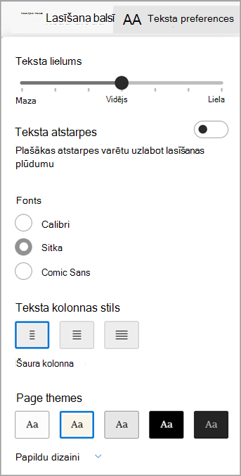 Teksta preferences Tīrskata lasītājs pārlūkprogrammai Microsoft Edge.