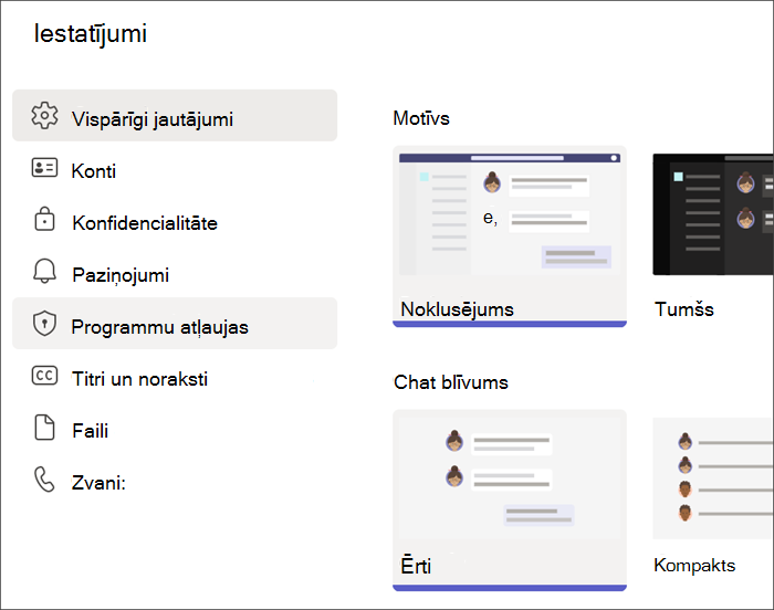Teams iestatījumu ekrānuzņēmums no skolēna profila. Programmu atļaujas ir iezīmēts.