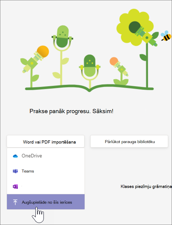Ekrānuzņēmums, kurā redzama nolaižamā izvēlne pēc tam, kad esat atlasījis augšupielādēt Word of PDF failu