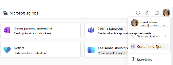Kursa iestatījumu izvēlnes elements