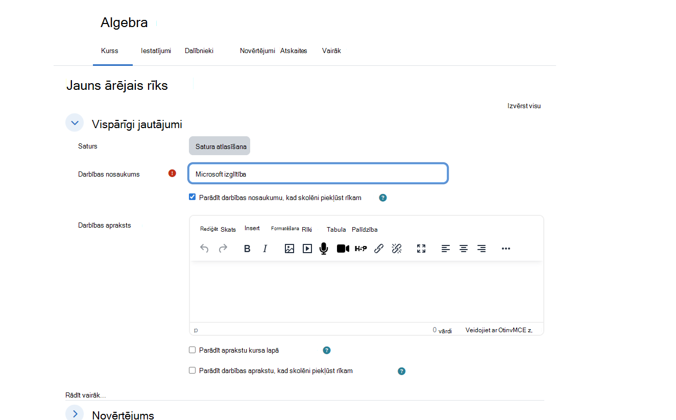 Moodle jaunais ārējo rīku dialogs