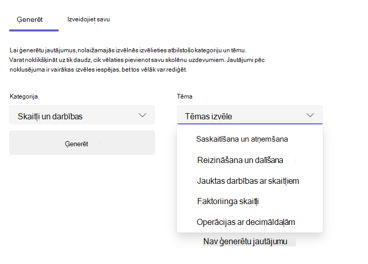 Ekrānuzņēmums ar cilni Ģenerēt.
