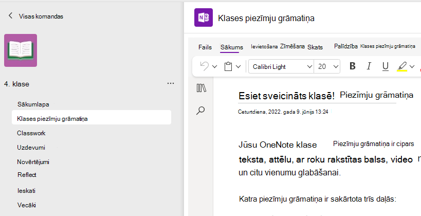 Ekrānuzņēmums ar klases piezīmju grāmatiņas iestatīšanu.