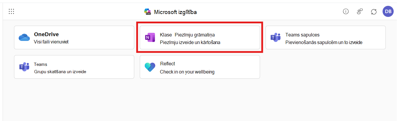 Ekrānuzņēmums ar programmu Microsoft 365 LTI, kurā atlasīta klases piezīmju grāmatiņa
