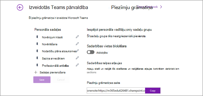 Personāla piezīmju grāmatiņas iestatījumu pārvaldības lapas programmā OneNote ekrānuzņēmums.