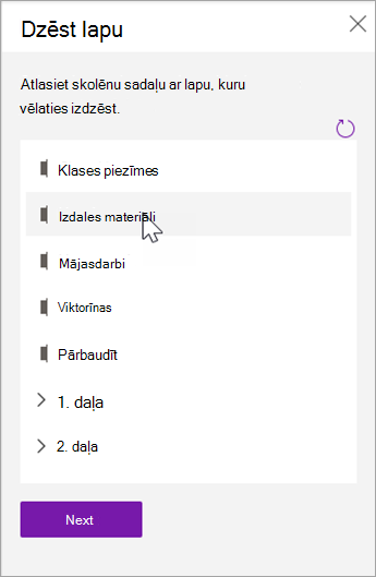 Izvēlieties skolēnu sadaļu ar lapu, kuru vēlaties izdzēst.