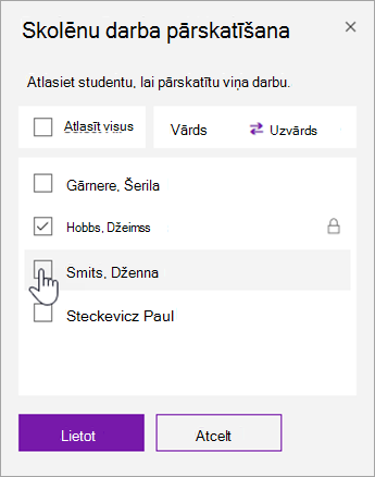 Atzīmējiet izvēles rūtiņu, lai bloķētu atsevišķu skolēna lapu.