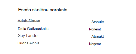 Noņemto skolēnu vārdi ir izsvītroti no esošā skolēnu saraksta, piedāvājot opcijas Atsaukt un Noņemt blakus visiem vārdiem.