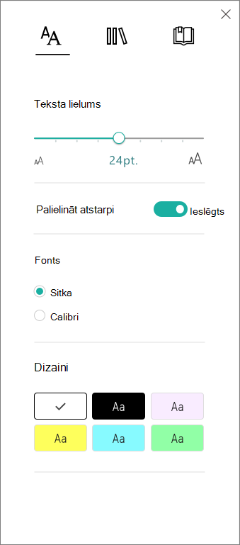 Teksta opciju izvēlne Tīrskata lasītājs p