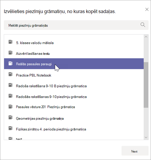 Izvēlieties piezīmju grāmatiņu, no kuras kopēt sadaļas.