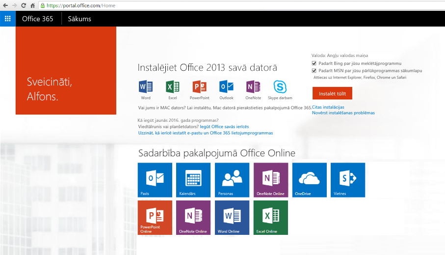 Ekrānuzņēmums ar to, kā Office 365 instalēt datorā.