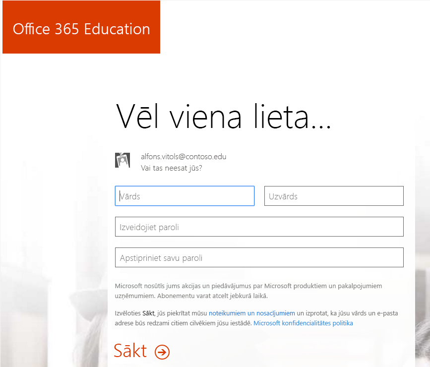 Ekrānuzņēmums ar Office 365 reģistrēšanās procesa paroles izveides lapu.