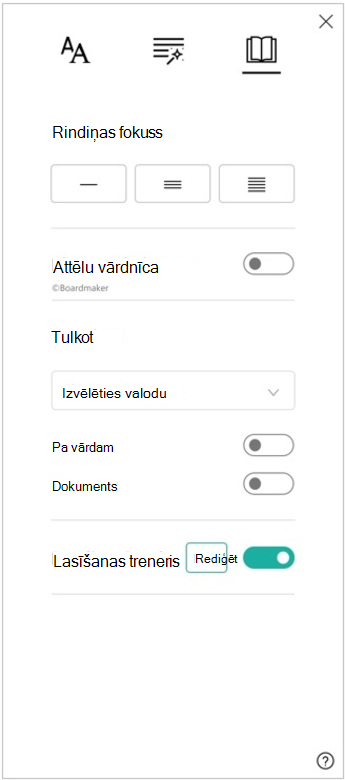 Ekrānuzņēmums ar tīrskata lasītāja lasīšanas preferenču rūti, kurā redzamas rindiņas fokusa, attēlu vārdnīcas, tulkošanas un lasīšanas skolotāja opcijas.