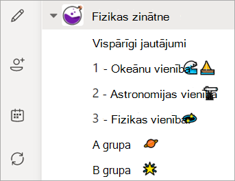 Ekrānuzņēmums, kurā redzams klases grupas kanālu saraksts.