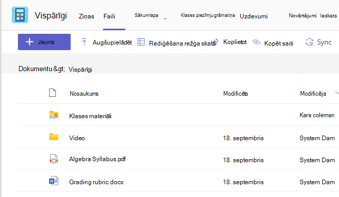 Ekrānuzņēmums, kurā redzama cilne Files, kurā redzami klases materiāli un koplietotie faili.