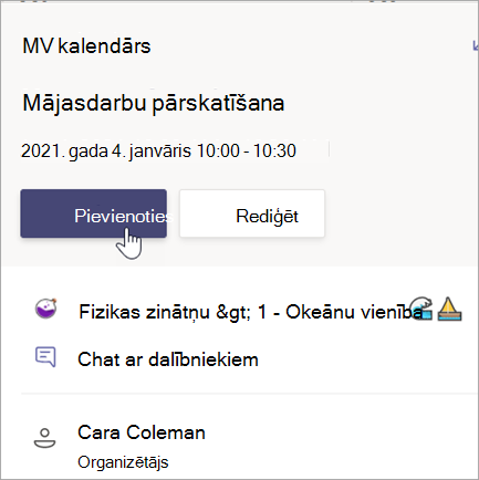 Ekrānuzņēmums, kurā redzama mājasdarbu pārskatīšanas sapulces kartīte ar pogu Pievienoties.