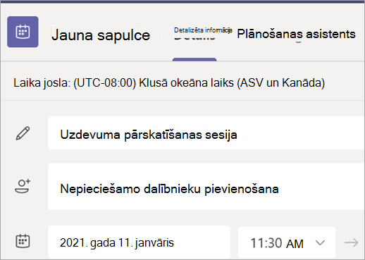 Ekrānuzņēmums, kurā redzama jaunas sapulces veidlapa produktā Teams ar virsraksta, dalībnieku, datuma un laika laukiem.