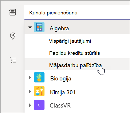 Ekrānuzņēmums, kurā redzams, kā izvēlēties klases grupas kanālu.