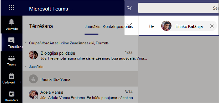 Ekrānuzņēmums, kurā redzama jaunas tērzēšanas sākšana.