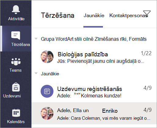 Ekrānuzņēmums, kurā redzams, kā programmas joslā atlasīt Chat.