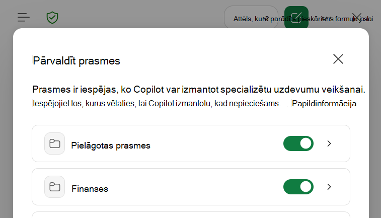Ekrānuzņēmums ar Copilot programmā Excel prasmju pārvaldības dialoglodziņu.